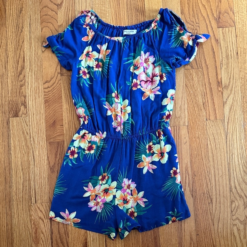 Abercrombie Kids Blue Floral Romper 13/14 Tropical Off Shoulder Shorts Jumpsuit
